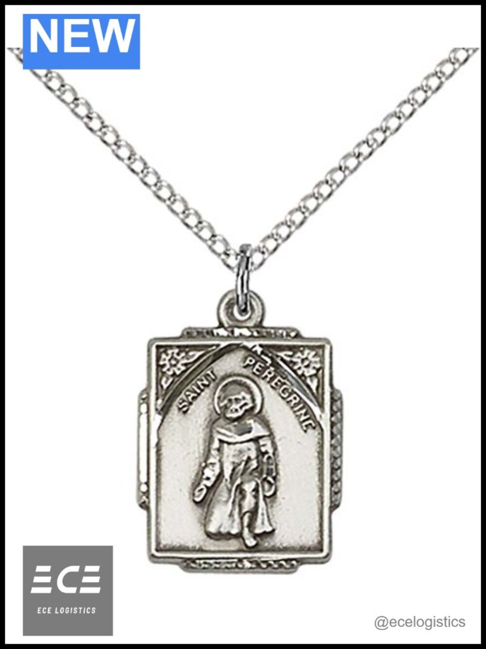 Sterling Silver St. Peregrine Pendant Necklace 18" Stainless Steel Curb Chain